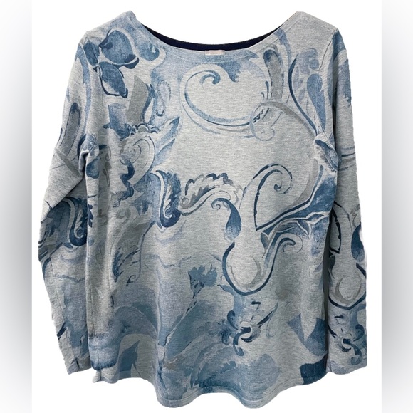Chico’s 2 L Gray Blue Scroll Floral Print Long Sleeve Lightweight Knit Top - Picture 3 of 12